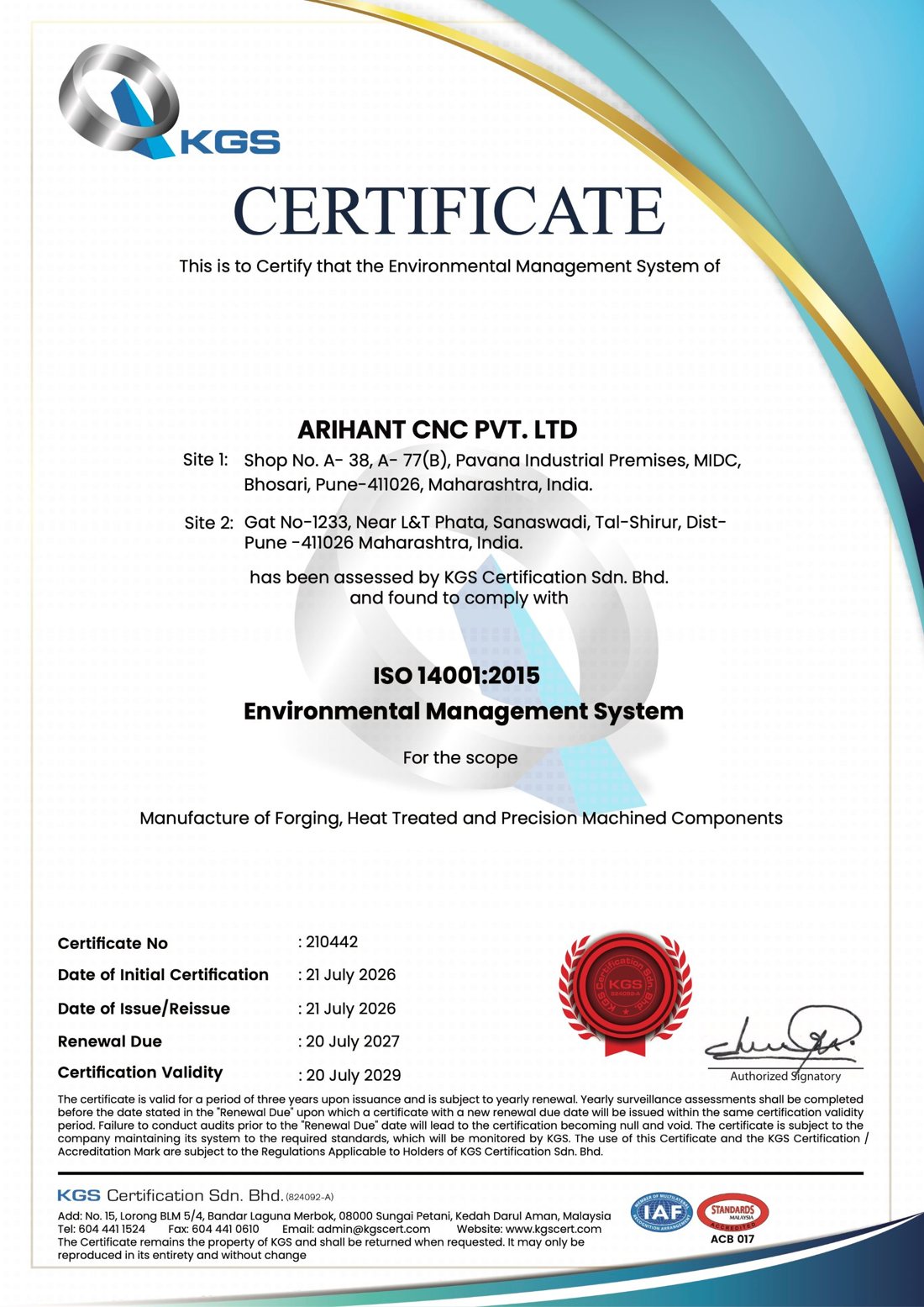 ISO 14001:2015 certificate