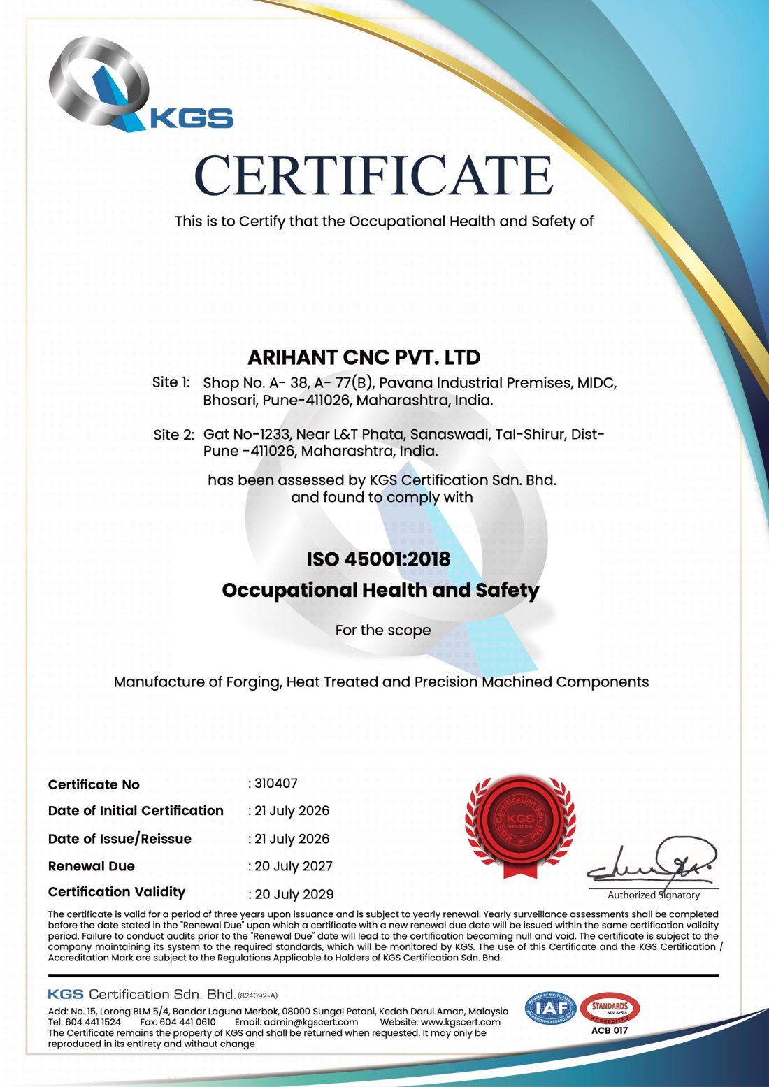 ISO 45001:2018 certificate